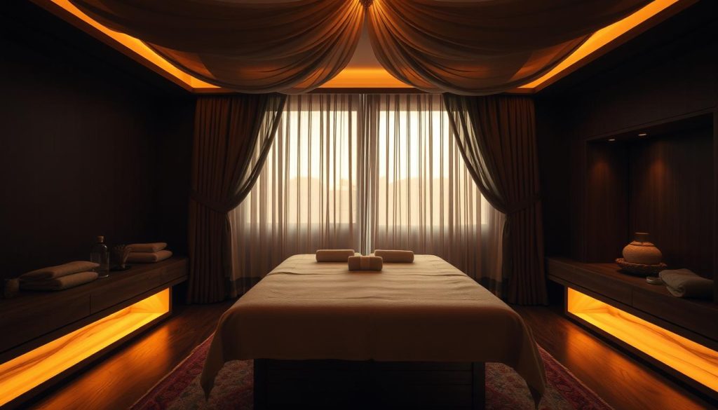 A luxurious, dimly lit spa room adorned with plush fabrics and natural wood accents. A large, comfortable couples massage table sits at the center, illuminated by soft, warm lighting from the side. Sheer curtains gently flutter, creating an atmosphere of tranquility and intimacy. The room exudes an air of exclusivity and sophistication, with attention to every detail to ensure a truly indulgent and relaxing couples massage experience.