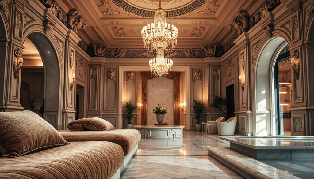 A luxurious spa oasis with intricate architectural details and opulent design elements. The foreground showcases plush, sumptuous textures like rich, velvet fabrics and gleaming, polished marble surfaces. In the middle ground, elegant light fixtures cast a warm, ambient glow, illuminating the serene, high-ceilinged space. The background features ornate, carved moldings and sleek, contemporary furnishings that blend seamlessly with the classical aesthetic. Soft, muted color tones create a calming, sophisticated atmosphere, while strategic use of shadows and highlights adds depth and dimension to the scene. The overall impression is one of refined luxury, sophistication, and a serene, indulgent ambiance.