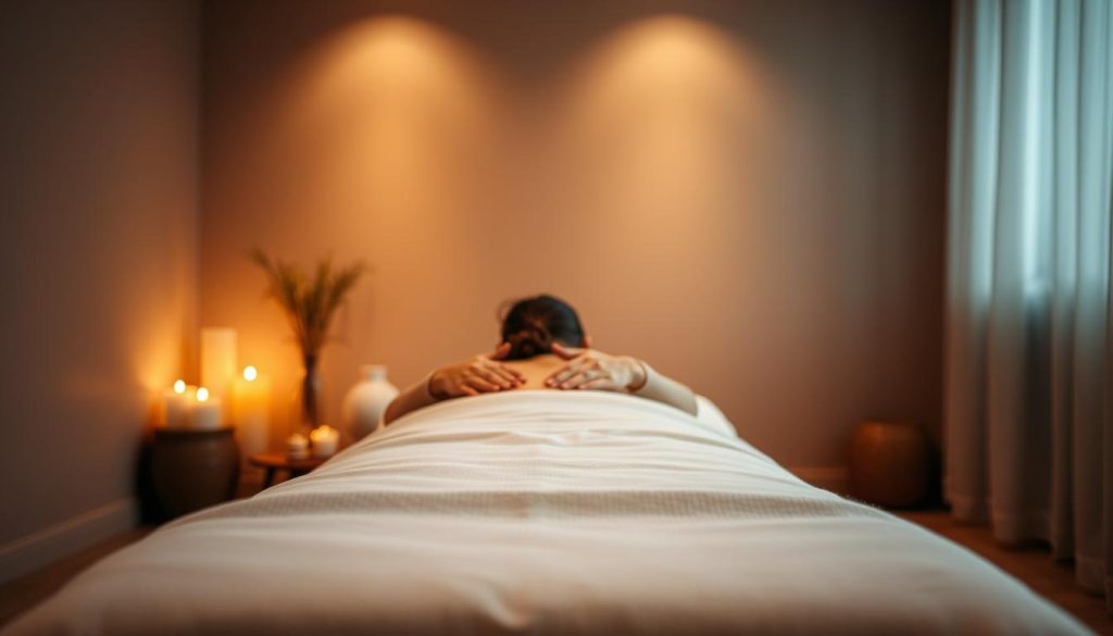 A calming, dimly lit room with soft, warm lighting. In the center, a massage table is positioned, draped with crisp, white linens. Two hands, skilled and experienced, gently kneading the muscles of a person on the table, their face obscured. The atmosphere is one of tranquility and rejuvenation, with subtle aromas of essential oils wafting through the air. The camera angle captures the scene from a slightly elevated perspective, emphasizing the care and attention of the professional massage therapist.