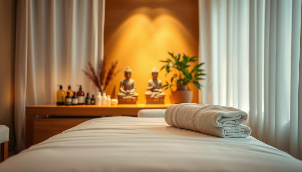 A cozy massage studio with soft lighting, plush linens, and calming aromatherapy. In the foreground, a massage table with crisp white sheets, a folded towel, and an array of massage oils and lotions. In the middle ground, a serene Buddha statue and a potted plant, evoking a sense of tranquility. The background features warm, earthy tones and gentle shadows, creating a relaxing ambiance. The scene conveys a peaceful, professional, and hygienic environment suitable for a high-quality massage experience.