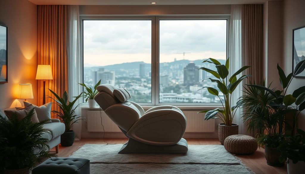 A cozy, serene living room with a plush, inviting massage chair positioned in the center. Soft, ambient lighting casts a warm glow, creating a soothing, spa-like atmosphere. The chair is surrounded by lush, verdant potted plants, adding a touch of natural tranquility. In the background, a large window overlooks a picturesque cityscape, blending the comfort of indoors with the beauty of the outdoors. The overall scene evokes a sense of relaxation and pampering, perfectly capturing the essence of "evde masaj konforu" - the comfort and convenience of in-home massage services.