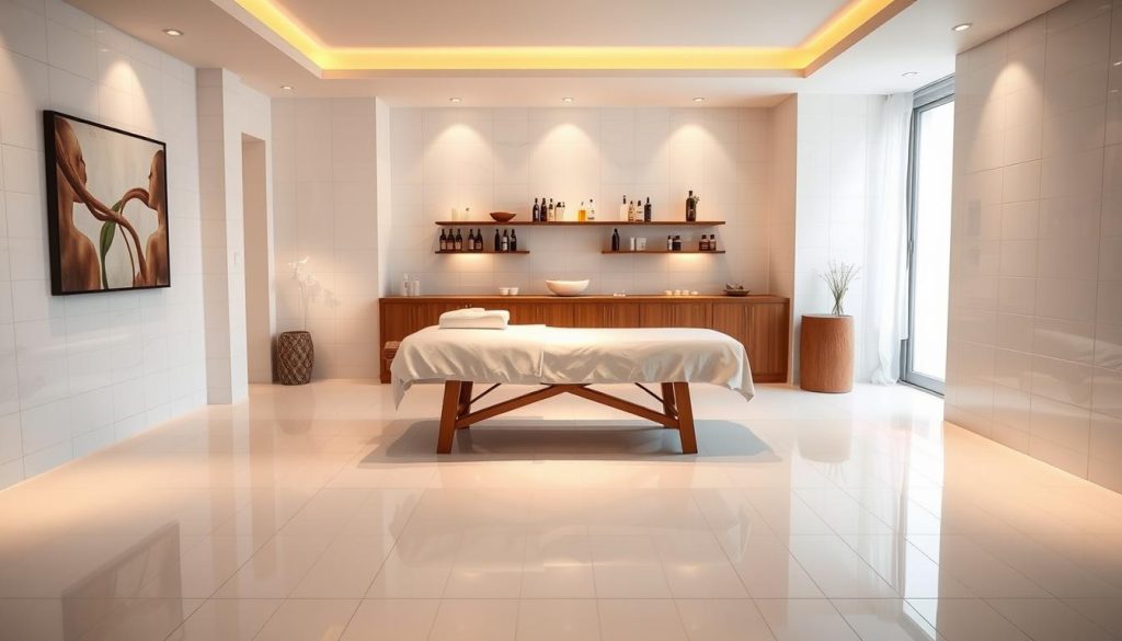 A pristine and serene spa setting, with gleaming white tiles and polished wooden floors. Soft, diffused lighting bathes the room in a warm, calming glow. In the center, a professional-grade massage table stands invitingly, its crisp linens and fluffy towels exuding an air of luxury and hygiene. The walls are adorned with soothing artwork, while discreet shelves hold an array of high-quality massage oils and lotions. The overall atmosphere conveys a sense of tranquility, professionalism, and unwavering commitment to the well-being of the client.