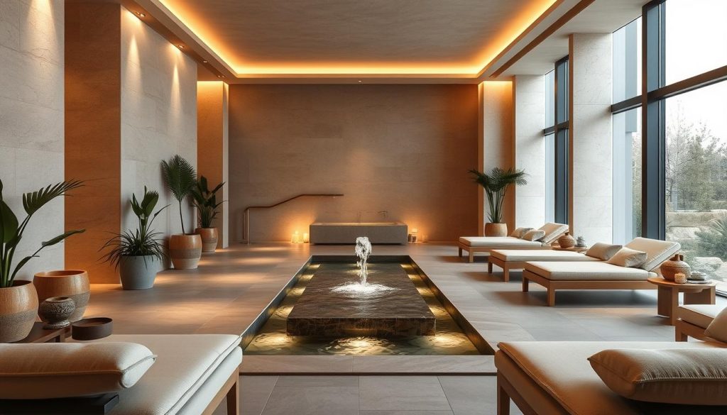 A serene, modern spa interior with a warm, inviting atmosphere. Soft, diffused lighting casts a cozy glow throughout the space, highlighting natural materials like smooth stone and light wood accents. A central water feature, perhaps a tranquil reflecting pool or cascading fountain, creates a soothing ambiance. Comfortable lounge chairs and plush cushions invite guests to relax and unwind. Potted plants and subtle textures add depth and visual interest to the minimalist, spa-like design. The overall mood is one of tranquility, rejuvenation, and a luxurious escape from the outside world.